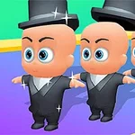 小さな体に大きな頭を持つ、タキシードを着た3人のキャラクターが、大きな目で前を見ている。