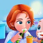 赤毛の女性と赤ちゃんが一緒に歯を磨いているカラフルなイラスト。