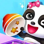 リボンをつけたパンダがウィンクしながらボウルを持ち上げている。