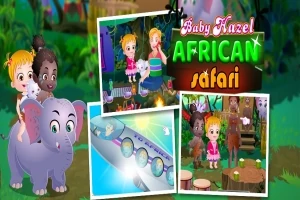かわいいキャラクターたちがアフリカサファリでゾウに乗ったり、キャンプファイヤーを囲んでいる。