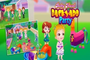 カラフルな庭でパーティーを楽しむ子供たちとピニャータ。