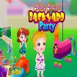カラフルな庭でパーティーを楽しむ子供たちとピニャータ。
