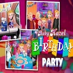 誕生日用の帽子をかぶった小さな女の子が笑顔で、誕生会をテーマにしたカラフルな背景と3枚の写真を含むデザイン。