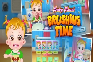 幼児が歯を磨く様子を描いたカラフルなイラスト。
