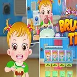 幼児が歯を磨く様子を描いたカラフルなイラスト。