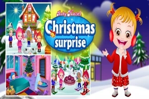赤い服を着た女の子が、クリスマスの飾りと背景の雪景色の中に立っているイラスト。