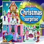 赤い服を着た女の子が、クリスマスの飾りと背景の雪景色の中に立っているイラスト。