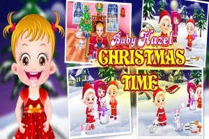 金髪の女の子がクリスマスの飾り付けや雪遊びをしているイラスト。