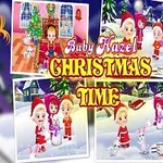 金髪の女の子がクリスマスの飾り付けや雪遊びをしているイラスト。