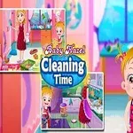 幼児が部屋の中で母親と一緒にお掃除をしているイラスト。