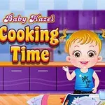 赤ちゃんのヘイゼルが台所で料理をする準備をしているイラスト。