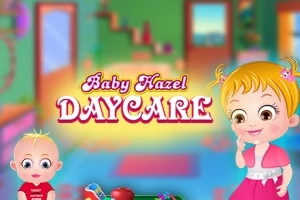 二人の子供が笑顔で、カラフルな背景の中に「Baby Hazel Daycare」の文字がある様子。