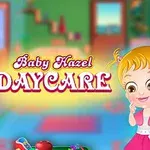 二人の子供が笑顔で、カラフルな背景の中に「Baby Hazel Daycare」の文字がある様子。