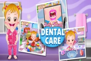 ピンクのパジャマを着た幼児と、歯科ケアのシーンが描かれた複数のイラスト。