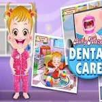 ピンクのパジャマを着た幼児と、歯科ケアのシーンが描かれた複数のイラスト。