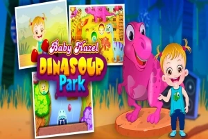 ピンクの恐竜と一緒に立っている笑顔の少女、背景に公園のイラスト。