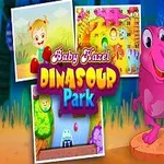 ピンクの恐竜と一緒に立っている笑顔の少女、背景に公園のイラスト。