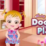 ピンクの服を着た幼い女の子がおもちゃの聴診器を持っている室内のイラスト。