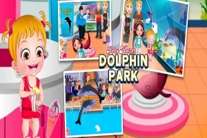 赤い服を着た女の子とイルカパークのシーンを含む複数のミニ画像のコラージュ。