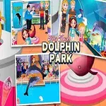 赤い服を着た女の子とイルカパークのシーンを含む複数のミニ画像のコラージュ。