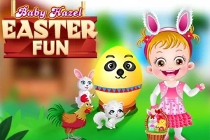 ウサギの耳をつけた女の子と、卵、ウサギ、ニワトリ、子ヤギが描かれているイースターモチーフのイラスト。