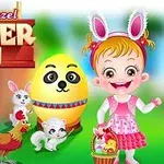 ウサギの耳をつけた女の子と、卵、ウサギ、ニワトリ、子ヤギが描かれているイースターモチーフのイラスト。