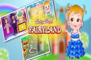 茶色の髪の赤ちゃんが青いドレスを着て城の前に立っており、左には3つの小さなイラストがあります。