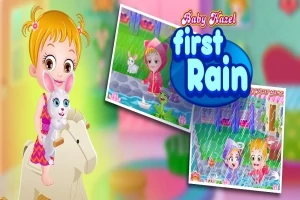 アニメ風の赤ちゃんが馬のぬいぐるみと白いウサギを抱いているカラフルな背景の画像。