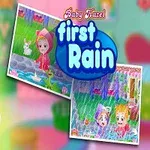 アニメ風の赤ちゃんが馬のぬいぐるみと白いウサギを抱いているカラフルな背景の画像。
