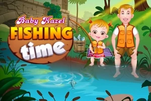 川で釣りをしている子供たちと「Baby Hazel Fishing Time」の文字。