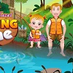 川で釣りをしている子供たちと「Baby Hazel Fishing Time」の文字。