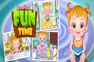 赤ちゃんをテーマにしたイラストで、中央に笑顔の女の子と写真が3枚並び、背景には「FUN TIME」というテキストが描かれています。