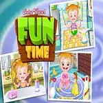 赤ちゃんをテーマにしたイラストで、中央に笑顔の女の子と写真が3枚並び、背景には「FUN TIME」というテキストが描かれています。