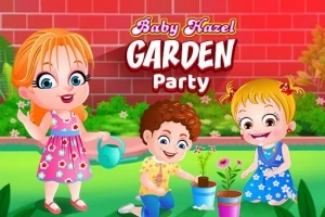 赤いレンガの壁を背景に、花柄の服を着た子供たちが庭で遊んでいる様子。