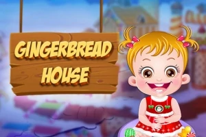 金髪の少女が赤い服を着て笑っている前景に「GINGERBREAD HOUSE」と書かれた木の看板がある。