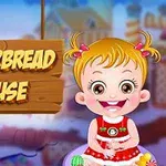 金髪の少女が赤い服を着て笑っている前景に「GINGERBREAD HOUSE」と書かれた木の看板がある。