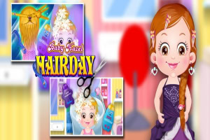 キャラクターが紫のドレスを着ている背景に、髪の毛にシャンプーがついた子供のイラストとハサミのアイコンが描かれています。