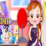 キャラクターが紫のドレスを着ている背景に、髪の毛にシャンプーがついた子供のイラストとハサミのアイコンが描かれています。