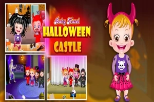 幼児がハロウィンの衣装を着て楽しんでいる様子が描かれているカラフルなイラスト。