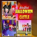 幼児がハロウィンの衣装を着て楽しんでいる様子が描かれているカラフルなイラスト。
