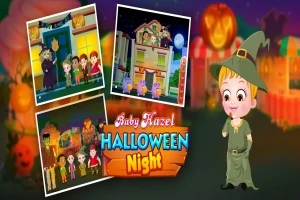 魔女の帽子をかぶった子供とハロウィンのイラストが配置され、背景にはカボチャの飾りがある。