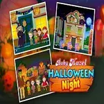 魔女の帽子をかぶった子供とハロウィンのイラストが配置され、背景にはカボチャの飾りがある。