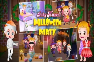 赤ちゃんがハロウィンの衣装を着て楽しんでいるパーティーの様子を描いたコラージュ画像。