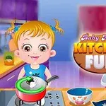 台所に立つ幼児のキャラクターが鍋を混ぜている。
