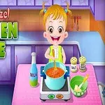 台所で鍋をかき混ぜる幼い女の子と調味料やミルクのボトルが置かれた調理台。