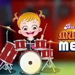 バンドのドラムセットの前で笑顔の女の子のイラスト。