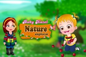 緑豊かな背景に、カメラを持ったキャラクターと遊んでいる金髪の子供が描かれたイラスト。