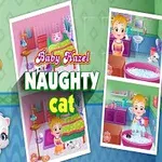 女の子と白い猫が一緒に映っているカラフルなイラスト。