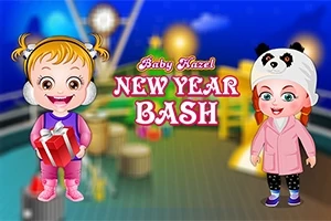 2人の子供がプレゼントを持って、背景に遊具が見える華やかな新年のパーティーが描かれたイラスト。