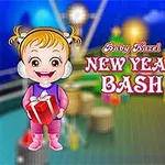 2人の子供がプレゼントを持って、背景に遊具が見える華やかな新年のパーティーが描かれたイラスト。